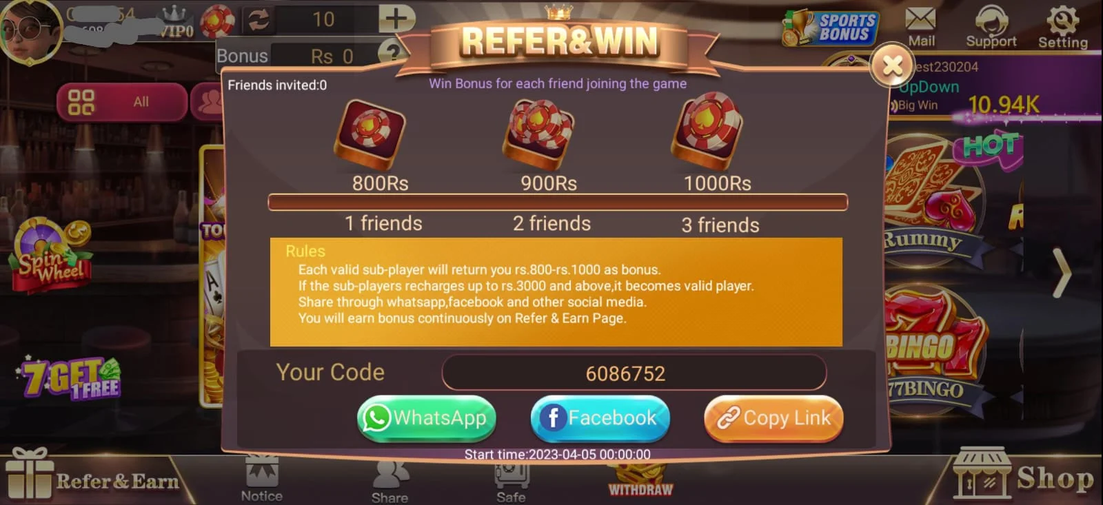 3 Patti World Refer and Earn Bonus